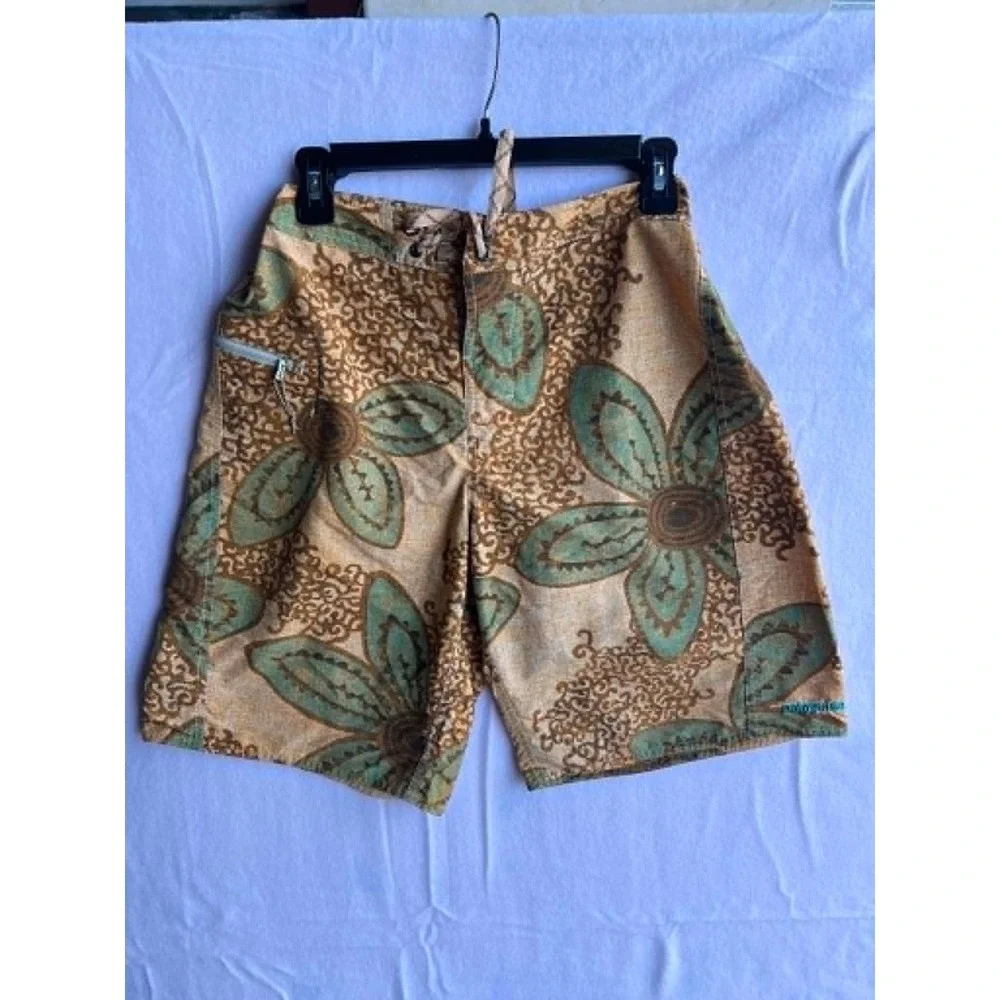 Patagonia‎ Mens Board Shorts Floral Print Tan/Teal Swim Trunks Size 34